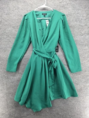 Express Dress Womens Medium Green Wrap Long Sleeve Belted Fit Flare Midi Party - Image 1 of 4