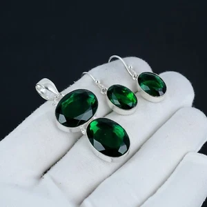 Cromo Diopside Gemma 925 Pendente Argento Sterling E Orecchini Gioielli Set - Foto 1 di 4