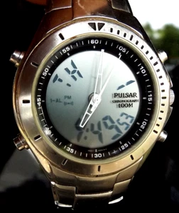 PULSAR 38MM CHRONOGRAPH ANA-DIGI NEW BATTERY ALL STAINLESS NX01-X001 BIG WRIST - Picture 1 of 15