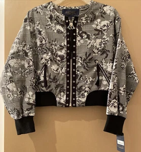 Rachel Roy NWT Bomber Jacket Black White Plaid Floral sz S Zip Front Grommets - Picture 1 of 12