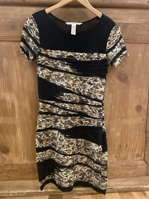 Diane Von Furstenberg Small Bodycon Dress Raw Hem Stripes Black Silk Blend Sheer - Image 1 of 4