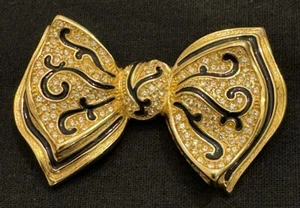 CHRISTIAN DIOR Brooch BOW Black Enamel CRYSTAL Pave Pin MINT 2.5” Bowtie - Picture 1 of 2