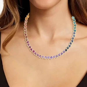 36Ct Lab-Created Heart Multi-Color Rainbow Sapphire Tennis Women Necklace Silver - Picture 1 of 10