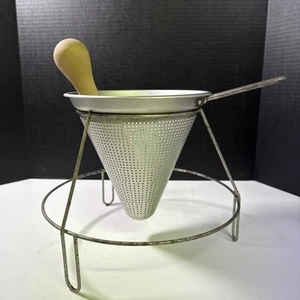 Vintage Beacon Ware Aluminum 8" Food Mill Ricer Cone Strainer -Stand-Wood Pestle - Picture 1 of 18