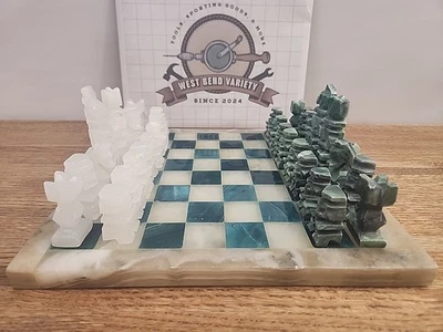 Vintage Marble Chess Set Handcrafted Green And White All Pieces Included - Image 1 of 4