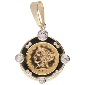 Moneda de un cuarto de águila libertad amarilla de 22 k 1907 $2,50 .60 CTW G-I SI1/2 marco de 14 k - Imagen 1 de 4