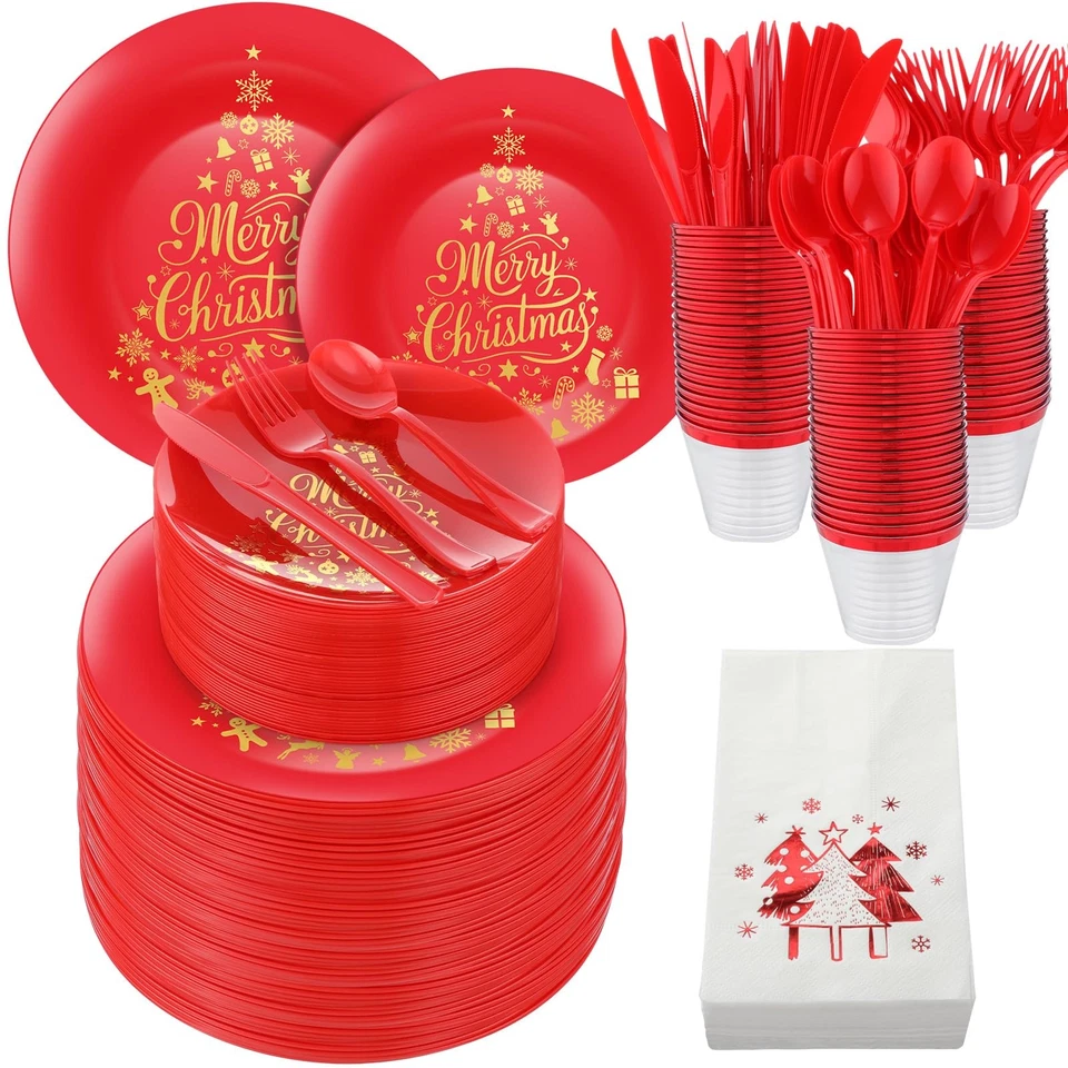 Рождественский пластиковый набор столовой посуды, рождественские одноразовые тарелки включают 40 обеденных P... - Изображение 1 из 4