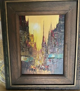 VINTAGE ORIGINAL CITYSCAPE OIL PAINTING 9 x 12 MCM FRAMED IMPRESSIONISM ART OOAK - Picture 1 of 12