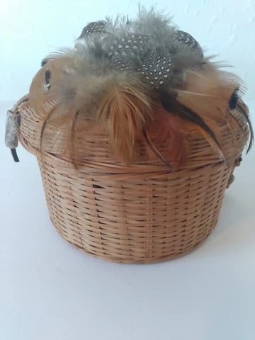 Handmade Woven Basket Vintage W/Real Feathers Leather Strings & Engraved Stones Cover