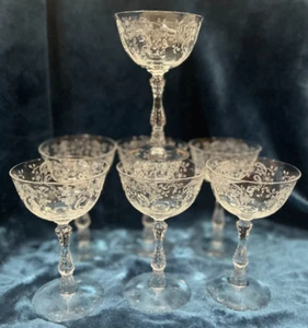 SET OF 7 MINT FOSTORIA NAVARRE CHAMPAGNE GOBLETS ETCHED GLASS - Picture 1 of 4