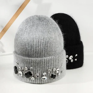 Women Rhinestone Knitted Hat Warm Beanie Cap Crystal Beads Outdoor Ski Winter - Picture 1 of 16