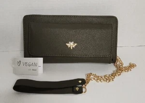 NWT Olive Green Gold Chain Crossbody Zip Around Purse Vegan Leather Bee Accent - Picture 1 of 15
