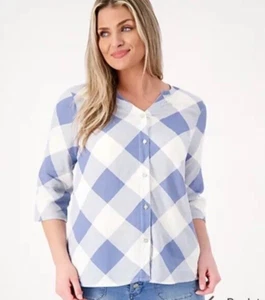 Denim & Co. Naturals Printed Linen Blend Button Front Y-Neck 3/4 Sleeve Top 2X - Picture 1 of 12