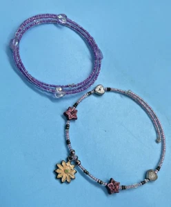 2 Wrap Beaded Bracelets Purple with Clear Hearts & Multi-Color Hearts and Stars - Picture 1 of 9