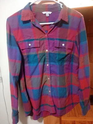LL Bean Purple Blue Plaid Fleece Lined Flannel Snap Shirt‎ Jacket Shacket Medium - Image 1 of 4