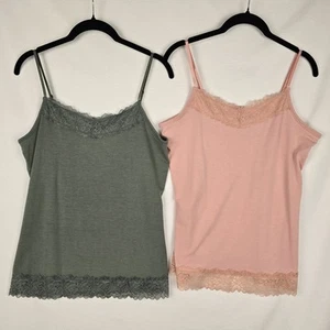 Lot 2 Women's Tank Cami Large Pink Sage Green Lace Trim Y2K Adj Spaghetti Straps - Picture 1 of 17