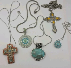 Lote Collar Colgante Cadena Vintage Religioso Occidental Imitación Turquesa Tono Plata  - Imagen 1 de 24
