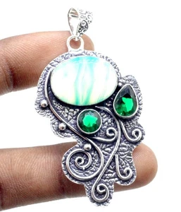 Colgante de plata esterlina 925 con bandas de ónix verde y piedras... - Imagen 1 de 2