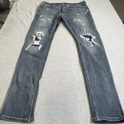 Hollister Y2K Style Jeans Mens 36x32 Torn Stacked Skinny Advanced Stretch Blue - Image 1 of 4