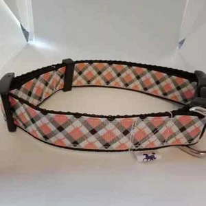 Orange black and white check adjustable dog collar medium size - Picture 1 of 1
