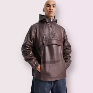 Men's Brown Leather Hoodie Genuine Lambskin Leather Handmade Front Pocket Hoodie - Picture 1 of 12