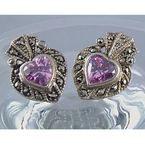 FANCY S/S CZ HEART STUDS Antique Style Shell Post .925 S/S Oxidized  NEW! - Picture 1 of 4