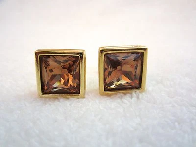 Swarovski Gold Plated Cufflinks Amber Colored Crystal Swan Signed  - Image 1 of 4