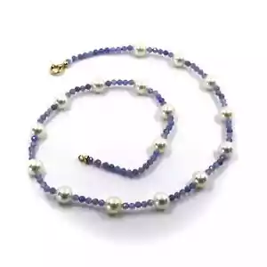 COLLANA ORO GIALLO 18K, PERLE BIANCHE AKOYA DA 8/8.5 MM E TANZANITE DA 3.5 MM - Foto 1 di 8