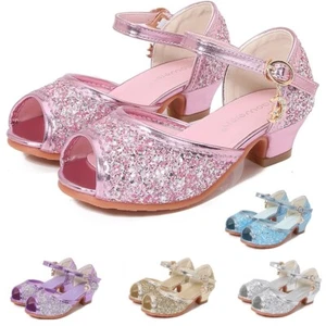 Girls Sequined Crystal Shoes Elsa Fashion Mary Jane High Heeled Princess Sandals - Picture 1 of 33