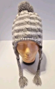 The North Face Girls Hat Gray White Striped Cable Knit Fleece Lined Pom Ear Sz S - Picture 1 of 10