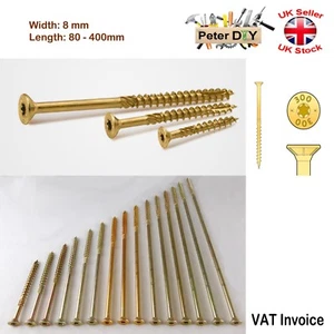 Long Countersunk Self Tapping Torx Wood Chipboard 8mm Screws Yellow 80-400mm - Picture 1 of 2