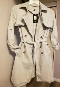 Women size XS light denim blue acid wash belted lapel midi stretchy trench coat - Picture 1 of 5