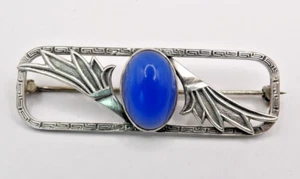 Vintage Art Deco 925 Sterling Silver Blue Moonstone Oval Cabochon Brooch Pin - Picture 1 of 7