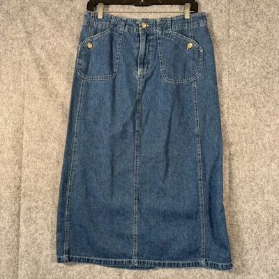 Y2K White Stag Midi Denim Skirt Womens 10 Petite Modest Pocket 90s School VTG - Image 1 of 4