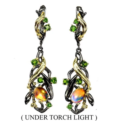 Orecchini in argento sterling 925 opale di fuoco ovale cromo diopside gemma... - Immagine 1 di 4