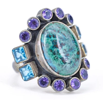 NUEVO ANILLO DE PLATA ESTERLINA DE DISEÑO "NICKY MAYORDOMO" EILAT, AMATISTA Y TOPACIO AZUL Foto 1 de 4