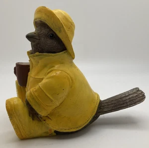 Bird Figurine in Yellow Rain Jacket, Boots, Holding Coffee Mug - Picture 1 of 7