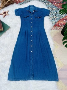 Vintage 1990s Denim Dress Long Button Down Short Sleeve Shirt Dress Blue Size 12 - Picture 1 of 6
