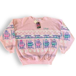 Vintage 90s Deadstock Lifestyles Pink Ski Bear Colorado Sweater Sweatshirt Puffy - Picture 1 of 8