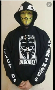 Anon Anonymous Disobey Hoody Hoodie hooded sweat shirt Guy Fawkes sleeves - Picture 1 of 1