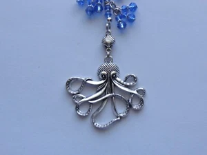 OCTOPUS BLUE CRYSTAL BEADS SEA SHELL REAR VIEW MIRROR CAR CHARM MOBILE ORNAMENT - Picture 1 of 4