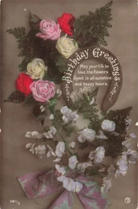 Postcard Birthday Greetings 1912 Real Photo Roses - Foto 1 di 2