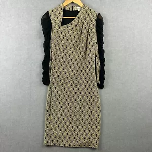 George Gross Dress Womens 8 Beige Black Textured Ruched Sleeve Silk Contrast - Picture 1 of 8