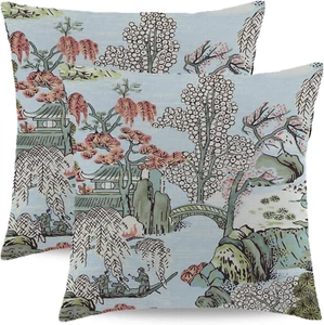 Chinoiserie Copricuscino 20x20 Pollici Set di 2 Scenic Asiatico Corallo Verde Blu Th... - Foto 1 di 11