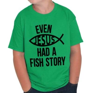 Christian Faith Even Jesus Had A Fish Story Youth Crewneck T Shirts Boy or Girl - Picture 1 of 13
