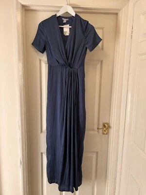 Maxi Vestido Nuevo con Etiquetas H&M Acero Azul Satinado Sensación Detalle Plisado Reino Unido 8 Foto 1 de 4