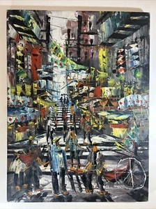 THAILAND MARKET STREET SCENE ORIGINAL OIL ON CANVAS PAINTING UNSIGNED - Picture 1 of 14