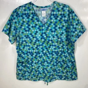 Scrub Top womens size M Medium Flowers shale lime blue white black Asterisks - Picture 1 of 3