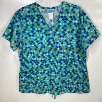 Scrub Top womens size M Medium Flowers shale lime blue white black Asterisks - Image 1 of 3