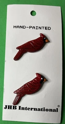(2) VINTAGE JHB 1" CARDINAL RED BIRD ENAMEL ALUMINUM SHANK BUTTONS NOS CARD-K1 - Image 1 of 3